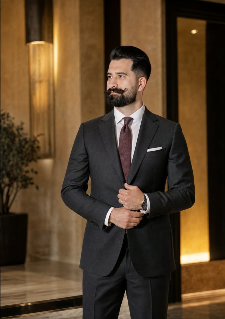 A business look: charcoal suit with a maroon tie and white pocket square.