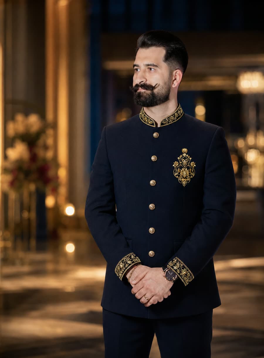 A function look: navy bandhgala with gold embroidered collar, cuffs and motif.