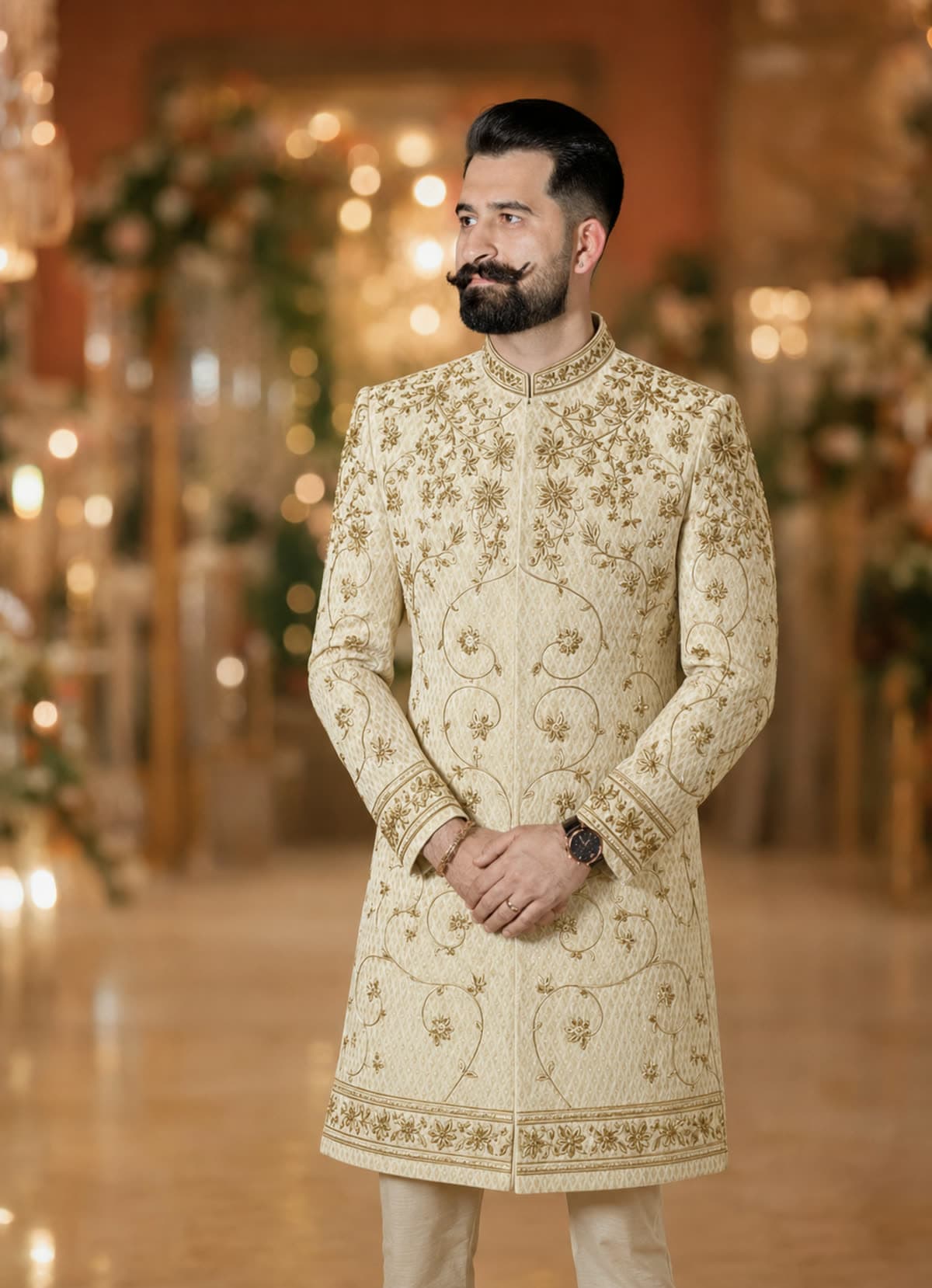A groom's look: cream sherwani with gold floral embroidery, photographed at a wedding venue.