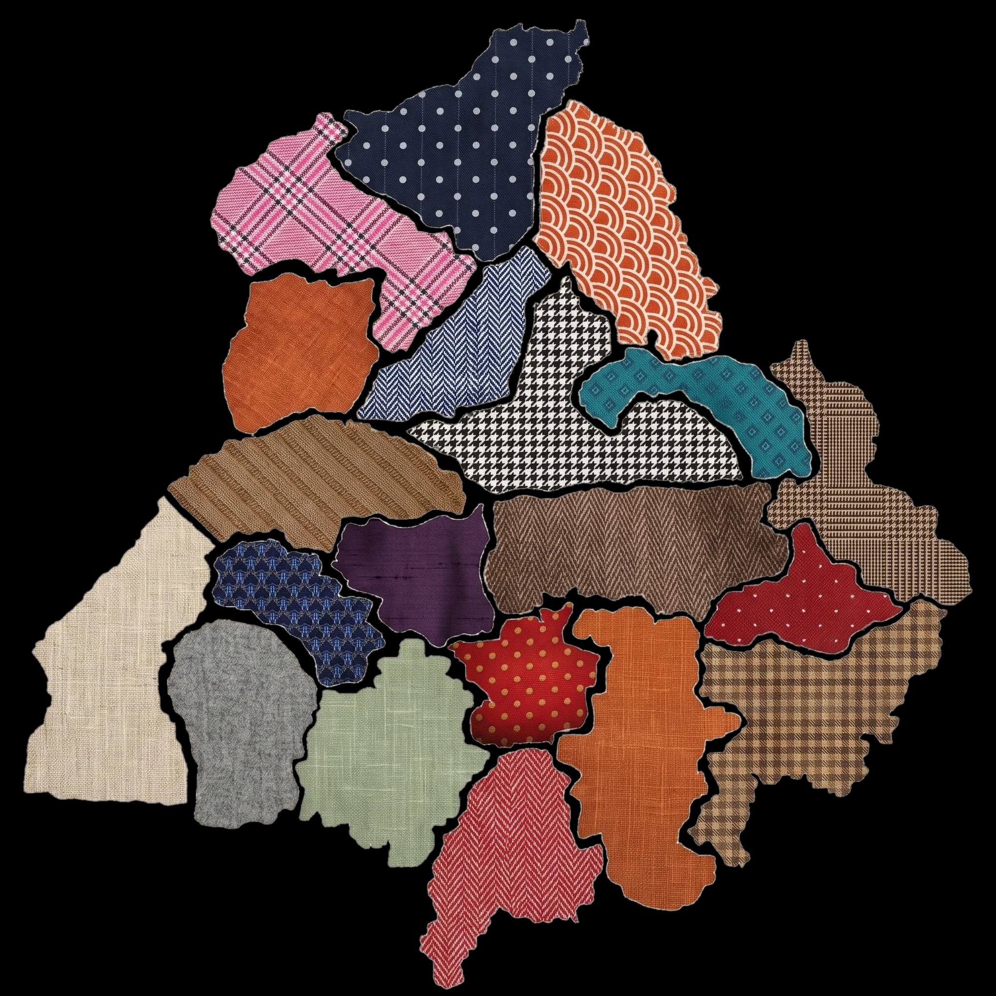 Punjab Fabrics: a map of Punjab, stitched in the fabrics we sell.