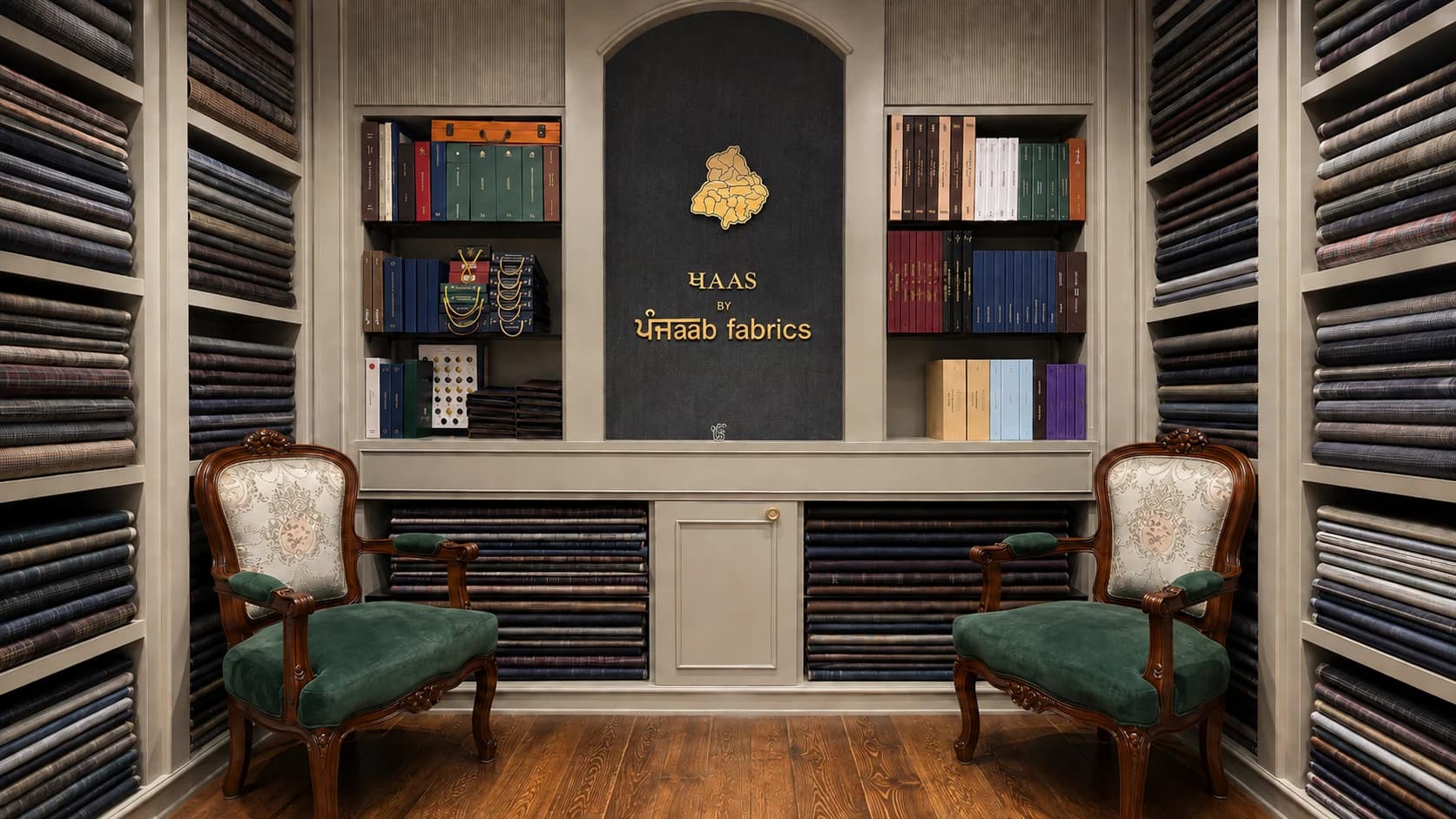 The KHAAS baithak: armchairs before walls of suiting bunches, beneath the gold Punjab mark.